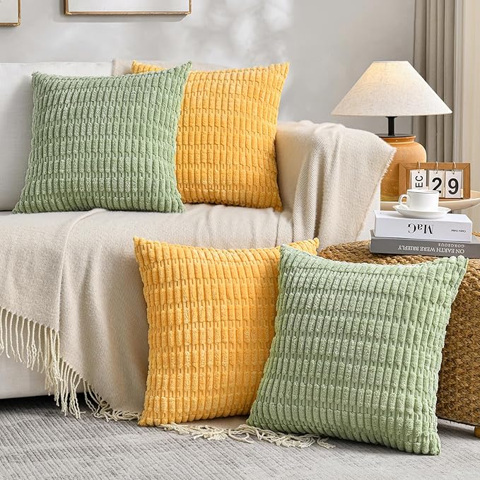 Fancy Homi Set of 4 Spring Boho Decorative Throw Pillow Covers 26x26 Inch for Couch Bed Sofa, Sage Green Yellow Room Decor, Soft Fuzzy Fluffy Cozy Corduroy Textured Cushion Case 66x66cm