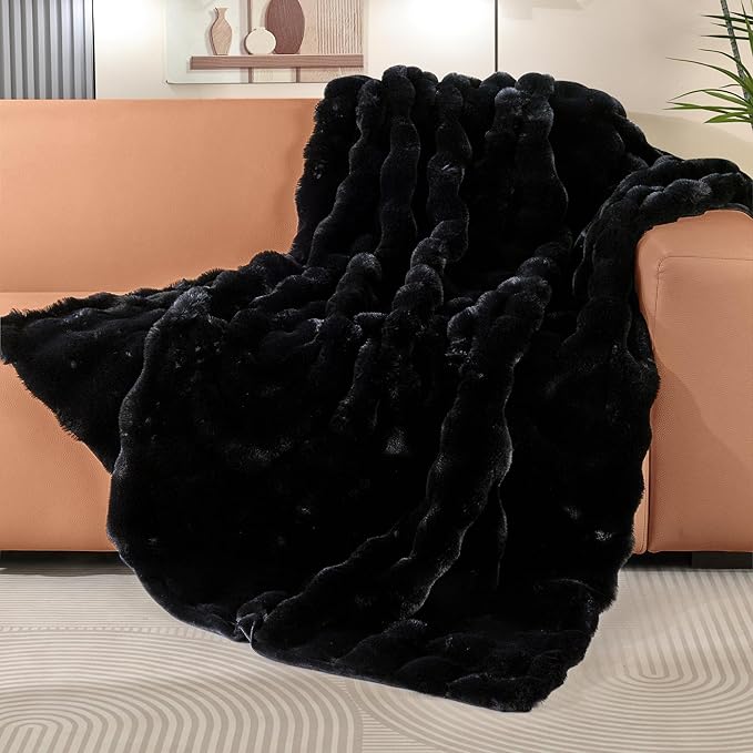 Black Fluffy Thick Fur Throw Blanket 50x60 for Bed Couch Office Chair Bunny Soft Blanket for Adults Gift Home Living Room Decorative Decor 860 GSM