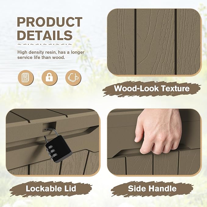 JUMMICO 31 Gallon Resin Deck Box Waterproof Indoor Outdoor Storage Boxes for Patio Furniture Cushions and Garden Tools (Light Brown, 31gallon-2 Packs)