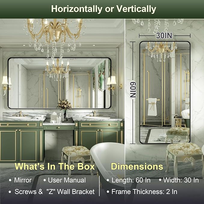 60 x 30 Inch Black Framed Mirror for Bathroom, Matte Black Bathroom Mirror for Over Sink Rectangle Large Vanity Mirror with Ribbed Texture Metal Frame for Home Decor (Horizontal/Vertical)