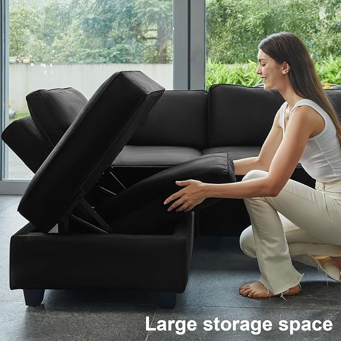 Belffin Modular Sectional Sofa with Reversible Chaises Velvet U Shaped Sectional Couch with Storage Seat Black