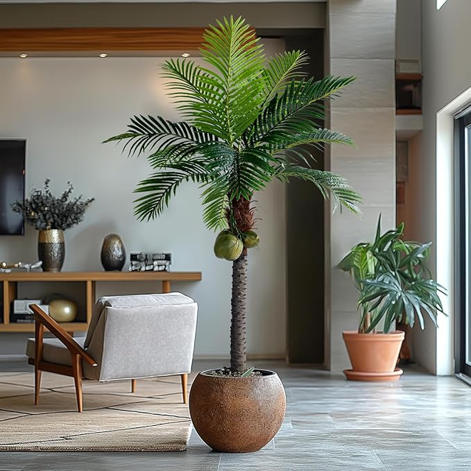 6FT Artificial Phoenix Palm Tree with Coconut Fruit Outdoor Indoor Decor Large Faux Coconut Silk Palm Tree Tropical Fake Tree Large Faux Sago Palm Plant for Home Yard Outside Patio Poolside
