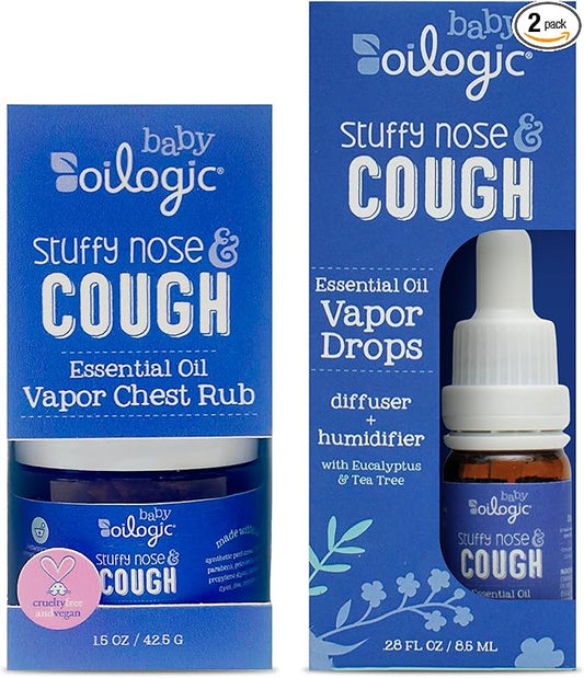 Oilogic Stuffy Nose & Cough Baby Essentials - Baby Humidifier Vapor Drops for Diffuser & Humidifier & Chest Vapor Rub - Gentle Essential Oil Blends Soothe Cough & Stuffy Noses & Support Restful Sleep
