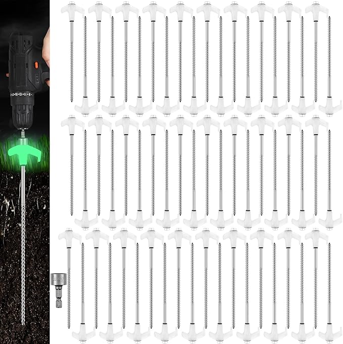 Hicarer 60 Pcs 20 Pcs 8'' Screw in Tent Stakes Heavy Duty Ground Metal Stakes for Inflatables with Hex Head Driver for Outdoor Camping Tent Inflatable Garden Decor (Luminous White)