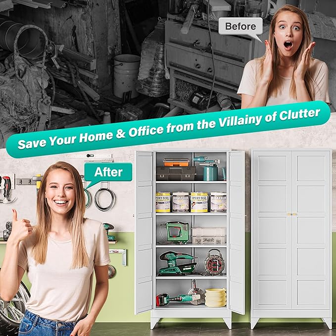 Wide & Deep Metal Storage Cabinet with 2 Doors and 5 Shelves,72 inch Tall Pantry Storage Cabinet,Large Cupboard Closet,White Cabinets for Home,Kitchen,Bathroom,Dining/Living Room
