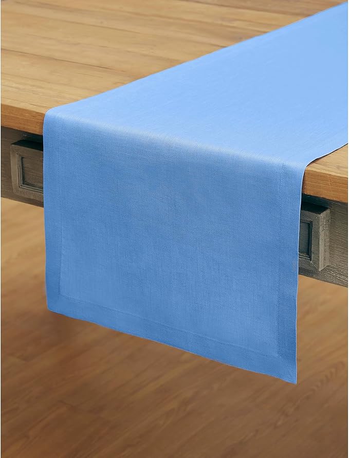 Solino Home Linen Provence Blue Table Runner 120 Inches Long - 100% Pure Linen 14 x 120 Inch Table Runner - Fete
