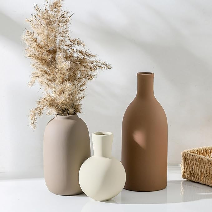 Ceramic Vases Set of 3, Modern Neutral Rustic Farmhouse Home Decor Pottery Pampas Decoration for Living Room, Table, Bathroom, Bedroom, Entryway - Brown