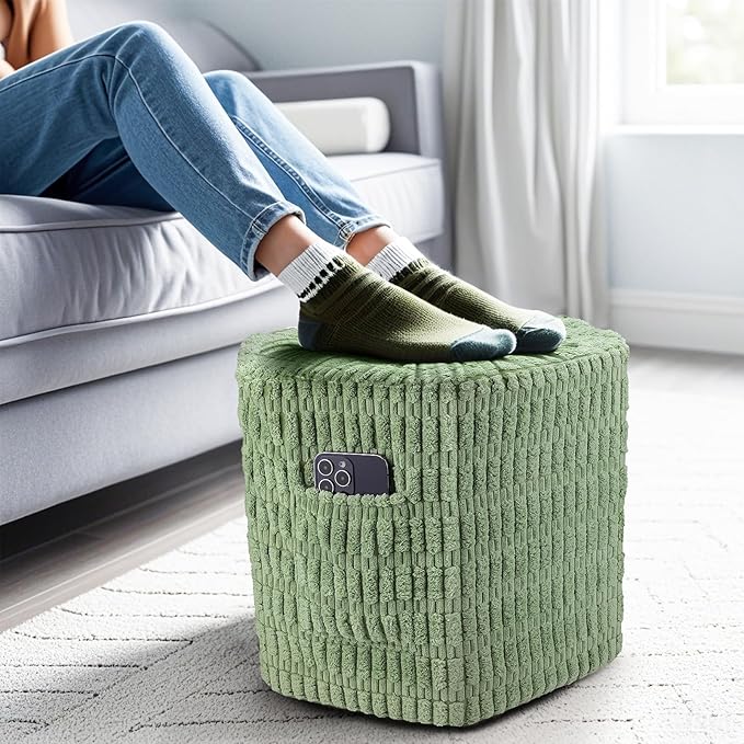 Hexagon Pouf Ottoman Stuffed with 2 Pockets & Handle, Comfort Corduroy Poufs, Non-Slip Foot Stool Storage Ottoman, Foam Floor Poufs Foot Rest for Couch, Bedroom (Green)
