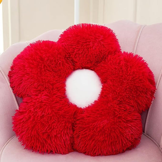 MorroMorn Flower Pillow Shaped Throw Pillows, 20" Floor Pillow Butt Cushion - Fluffy Shaggy Daisy Floral Decorative Pillows for Bed Couch Sofa Chair Cute Plush Faux Fur Room Decor (Red)