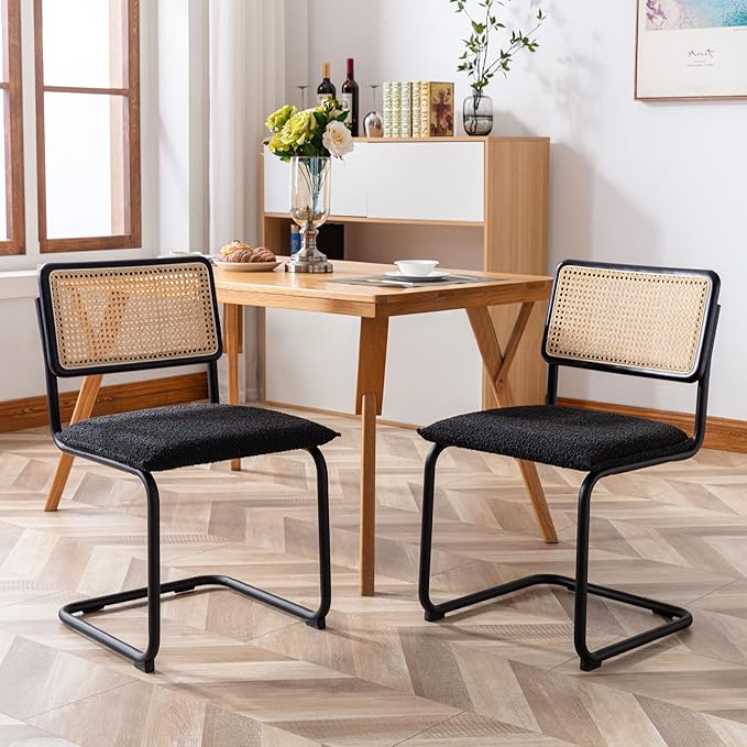 Mid Century Modern Rattan Dining Chairs Set of 4, Boucle Kitchen Chairs with Handwoven Mesh Rattan Backrest and Metal Legs, Upholstered Accent Side Chairs, Black