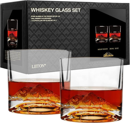 Mount Rainier Heavy Crystal Whiskey Glasses Gift Set of 2, Thick Freezable Bourbon Glass 1lb Each, Premium Whiskey Gifts for Men, Frozen Crystal Chills Cocktails, 10 oz