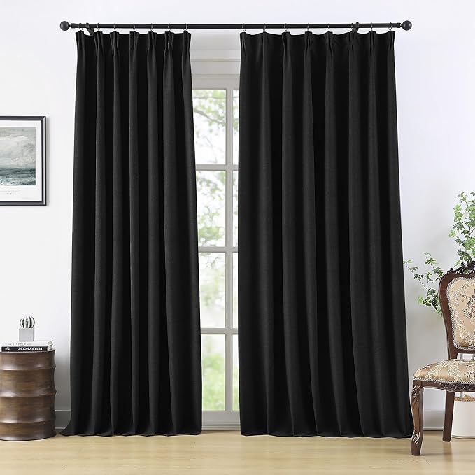 RAIN CITY Extra Wide Blackout Curtains 70 x 84 Inch Long, Linen Blend Black Out Pleated Curtains 2 Panels Set, Back Tab Pocket Textured Curtain for Home Office Patio Sliding Glass Door