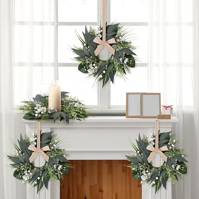 6 PCS Spring Wreaths for Front Door Green Wreath with White Flower Artificial Green Wreath with Ribbon for Pillar Front Door Porch Wall Window Farmhouse Decoration All Seasons