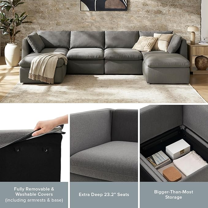 mopio Oversized Modular Sectional Sofa with Fully Removable Covers and Storage, Convertible U, L-Shaped and Sleeper Sectional, Modern Couches with Ottoman Chaise (Stone Gray Fabric, 8 Seats, Sleeper)