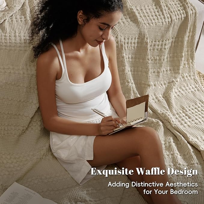 PHF 100% Cotton Waffle Weave Blanket King Size, Soft Lightweight Breathable Cozy Summer Blankets for Bed, Luxury Aesthetic Woven Bedding for Home Decor, 108"x90", Khaki