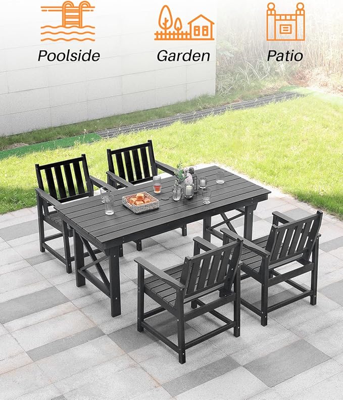 HDPE Outdoor Dining Set of 6, Patio Dining Table Set with 4 Chairs and 1 Bench, 6 Pieces HDPE Dining Set with Umbrella Hole, Outdoor Furniture Sets for Deck, Poolside, Garden, Obsidian