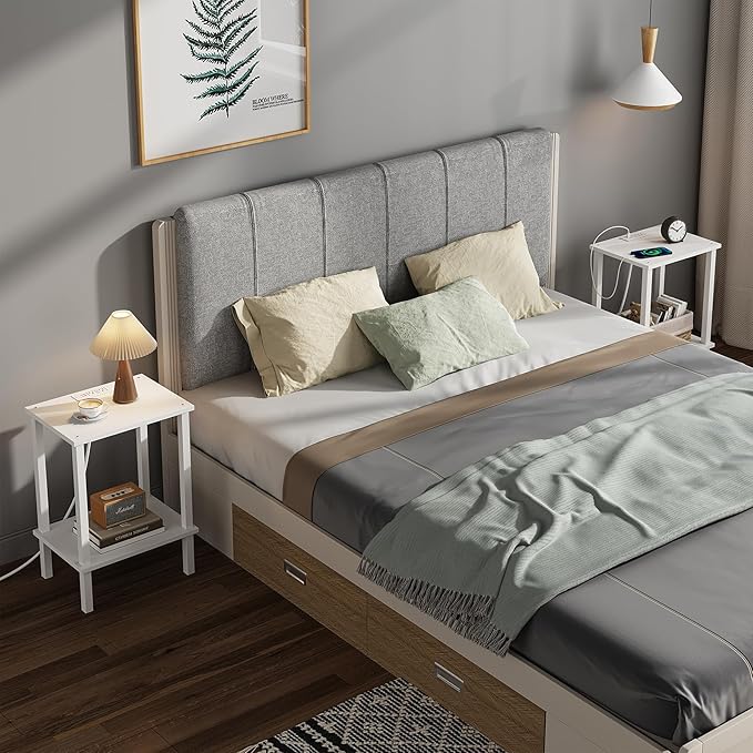 TUTOTAK End Table with Charging Station, Set of 2, Small Side Table with Outlets, Nightstand Bedside Table, 2-Tier Storage Shelf for Small Space, Living Room, Bedroom White TB01BW041