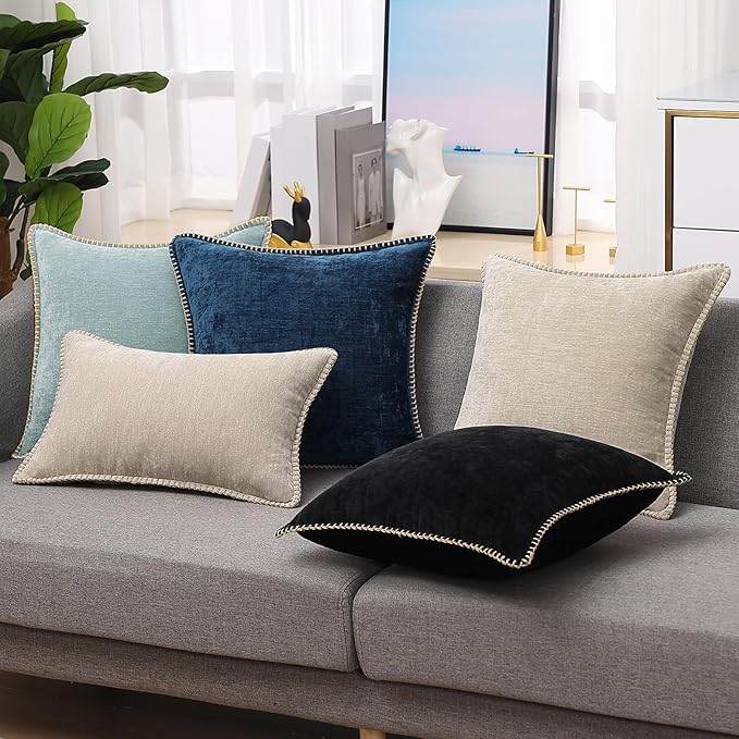 decorUhome Chenille Soft Throw Pillow Covers 26x26 Set of 2, Farmhouse Velvet Neutral Decorative Euro Pillow Covers with Stitched Edge for Couch Sofa Bed Home Decor, Poseidon