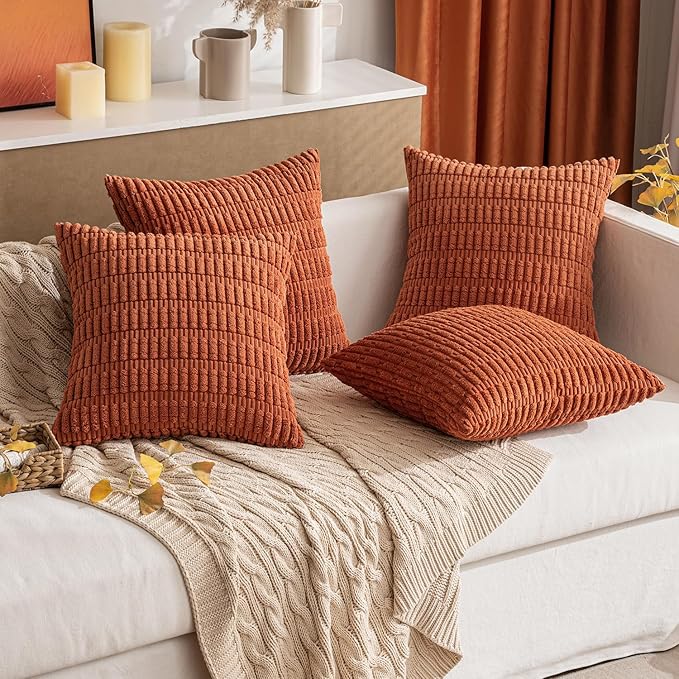 MIULEE Pack of 2 Rust Corduroy Decorative Fall Pillow Covers 20x20 Inch Soft Boho Striped Throw Pillow Covers Modern Farmhouse Home Decor for Summer Sofa Living Room Couch Bed