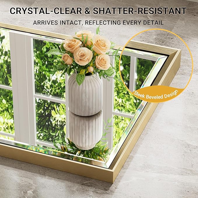 60 x 36 Gold Bathroom Mirror, Brushed Gold Beveled Bathroom Mirror, Shatterproof Large Gold Frame Rectangle Mirror, Brushed Brass Gold Framed Vanity Mirror Vertical/Horizontal Wall-Mounted