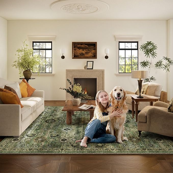 Washable Area Rugs for Living Room: 9x12 Rug Boho Vintage Rugs Stain Resistant Non Slip Low Pile Lightweight Soft Carpets for Bedroom Kitchen Dining Room Nursery Kids Room Farmhouse Home Office