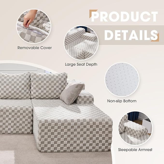 Hobestluk 96“ Modular Sectional Sofa Couches L-Shape Couch 3 Seat Modular Sofa Sectional Couches for Living Room, Cloud Couch with Oversized Chaise (Greygreen, Checked (Right Facing Chaise))