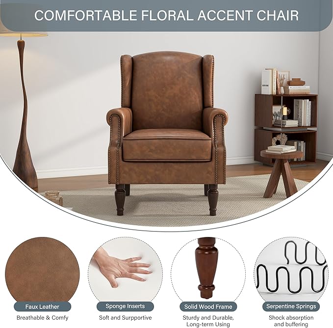 UIXE PU Leather High Back Accent Chair, Upholstered Armchair for Living Room, Retro Wingback Arm Chair Nailhead Trim Single Sofa Bedroom Reading Seat with Solid Wood Legs - Brown
