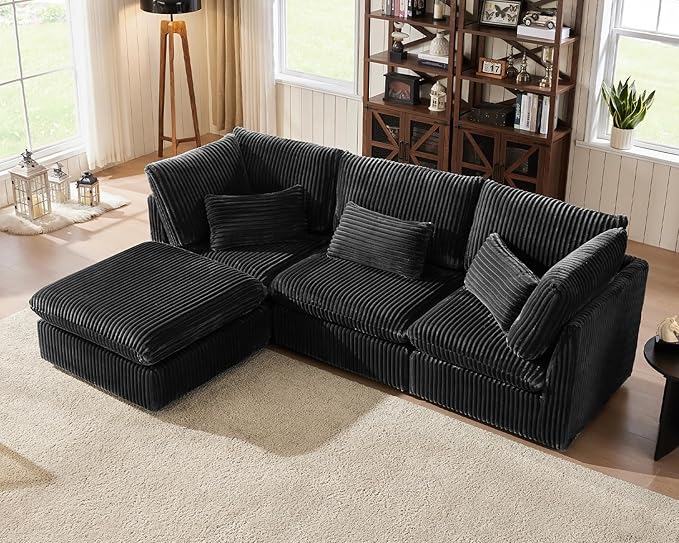 Oversized Modular Sofa, Extra Deep Cloud Corduroy Sectional Couch with Ottoman Chaise, Fluffy Chenille L-Shaped Sofas for Living Room, Villa (L Shape 4 Seater, Corduroy Black)