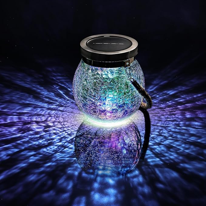 Cooo 2 Pack Solar Lantern Outdoor Waterproof Iridescent Crackle Glass with 215% Larger Solar Panel, Stainless Steel Lid – Rainbow Glass Hanging Light with Cool White LED for Garden Patio Table
