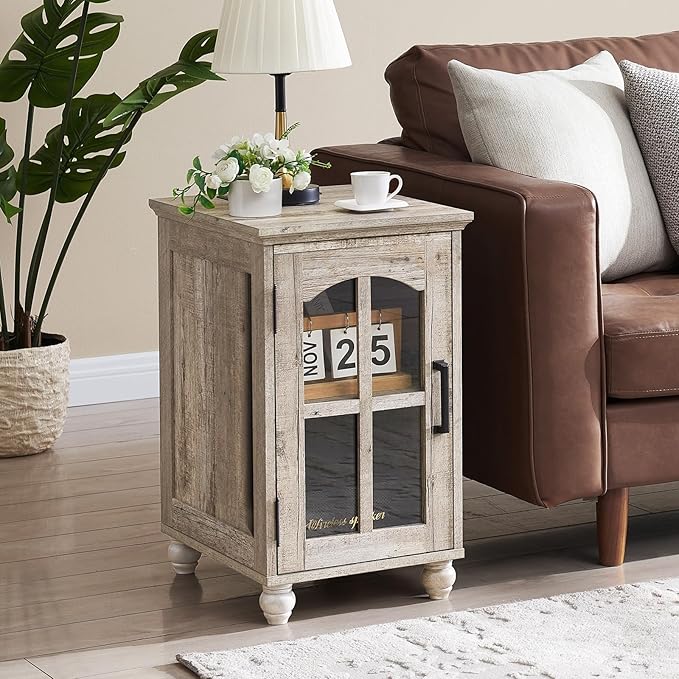 Narrow Side Table Set of 2,Farmhouse Nightstand with Charging Station,End Table with Glass Barn Door Storage, Cabinet Organizer with Adjustable Shelf, Night Stand for Small Spaces Living Room Bedroom