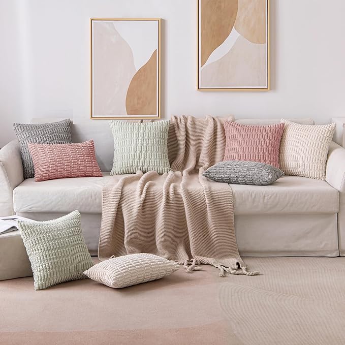 MIULEE Pack of 2 Corduroy Decorative Euro Sham Throw Pillow Covers 24x24 Inch Soft Boho Striped Pillow Covers Modern Farmhouse Home Decor for Sofa Living Room Couch Bed Blush Pink