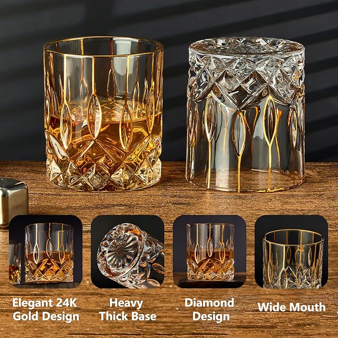 Gold Rim Whiskey Glasses Set of 2,Crystal Old Fashioned Glasses-Luxury Gold Collection,Perfect for Scotch Bourbon Rocks Cognac Vodka Gin Tequila Rum Liquor,Whiskey Gifts for Men