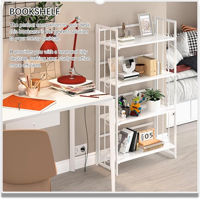 4NM No Assembly 4 Tiers Folding Bookshelf, 47.2" H Foldable Storage Shelves Vintage Bookcase Standing Racks Study Organizer Home Office - All White