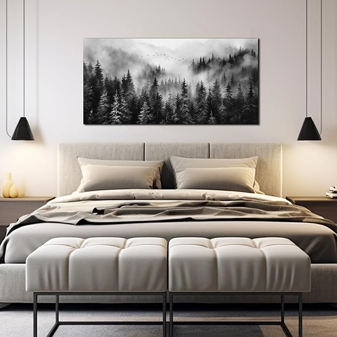 Black and White Canvas Wall Art for Office,Forest Wall Art for Bedroom Above Bed 24 x 48 Inch