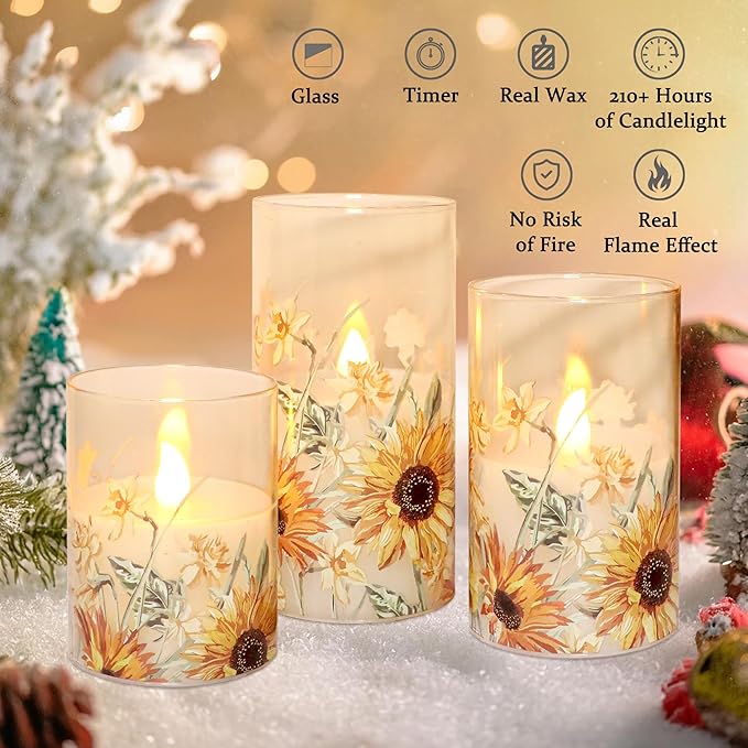 MELTONE Autumn Sunflower Flameless Candles Remote Real Wax Flickering Battery Operated Glass Candles - Home Party Bedroom Birthday Christmas Summer Fall Decorations