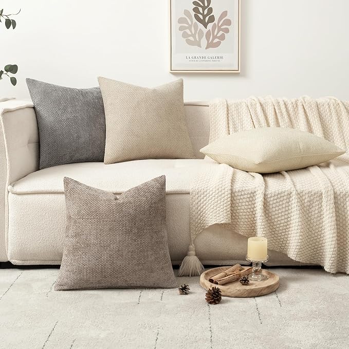 MIULEE Pack of 4 Christmas Couch Throw Pillow Covers 16x16 Inch Neutral Beige/Brown Soft Decorative Chenille Pillow Covers Farmhouse Accent Cushion Covers for Boho Home Decor Sofa Bedroom Living Room