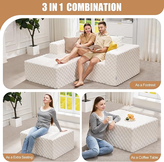 Hobestluk Rectangle Ottoman Memory Foam Footrest for Couch with Removable Cover Large Floor Seating for Adults Ottoman Coffee Table for Living Room, Bedroom or Office (Plush White, Footrest)