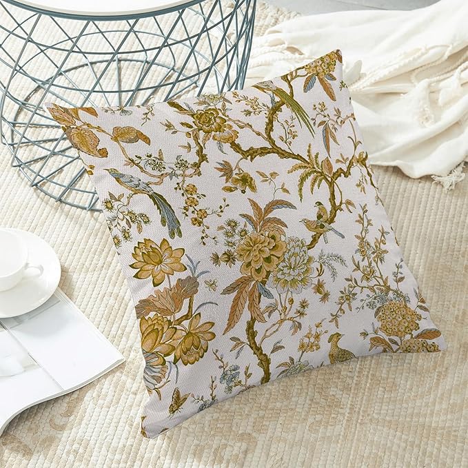 CXMEIFLY Summer Floral Birds Pillow Covers 20 x 20 Inch Set of 2 for Chinoiserie Flowers Spring Decor Throw Pillows Mustard Yellow Plant Outdoor Decorative Cushion Cases for Couch Bed Decorations