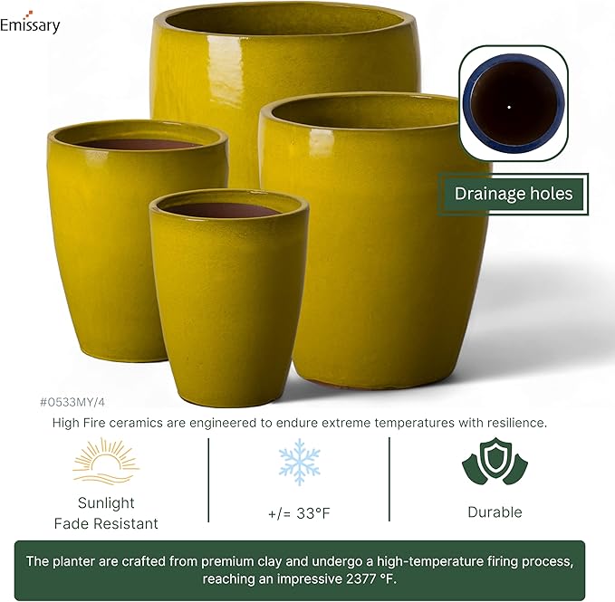 Emissary Bullet 14 in. Mustard Yellow Ceramic Round Planter (14 in. L x 14 in. W x 15.5 in. H) with Drainage Hole