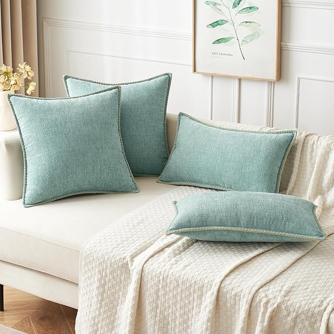 MIULEE Pack of 2 Couch Throw Pillow Covers 18x18 Inch Aqua Green Farmhouse Decorative Pillow Covers with Stitched Edge Soft Chenille Solid Dyed Spring Pillow Covers for Sofa Bed Living Room