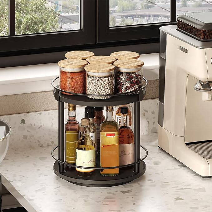 Lazy Susan Organizer, Rotating Spice Rack, 2 Tier Spice Turntable Organizer, Industrial Turntable Spice Holder, for Kitchen Countertop and Cabinet, Compact and Versatile, Black SR22BK