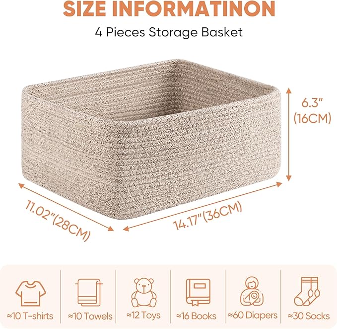 OIAHOMY 4 Pack 14.17*11.02*6.3IN Storage Baskets for Organizing Shelves, Woven Rope Baskets for Organizing Books, Clothes, Decorative Basket for Living Room, Nursery, Bedroom, Gift Basket, Brown