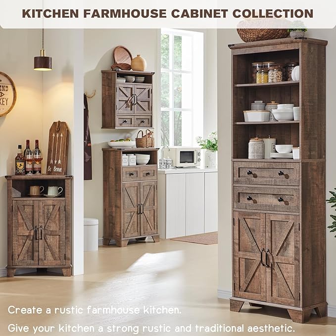 Corner Bathroom Cabinet, Farmhouse Small Corner Cabinet with Barn Door & Adjustable Shelf, Storage Cabinets for Bathroom, Kitchen, Living Room, Rustic Brown
