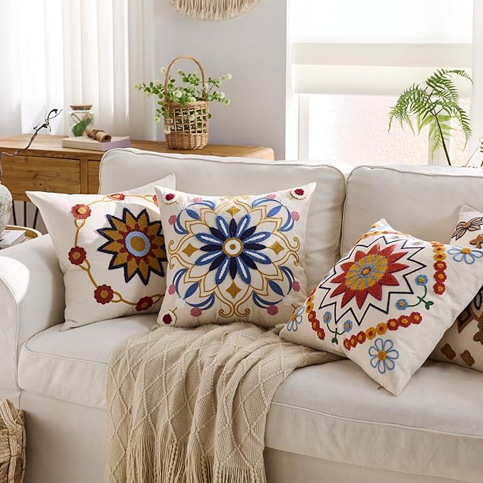 Embroidered Throw Pillow Cover 18x18 Classic Boho Floral Pattern Pillows Cover Outdoor Decorative Pillowcase,Durable Cozy Textured Cushion Case for Sofa Couch Bed Living Room,Blue
