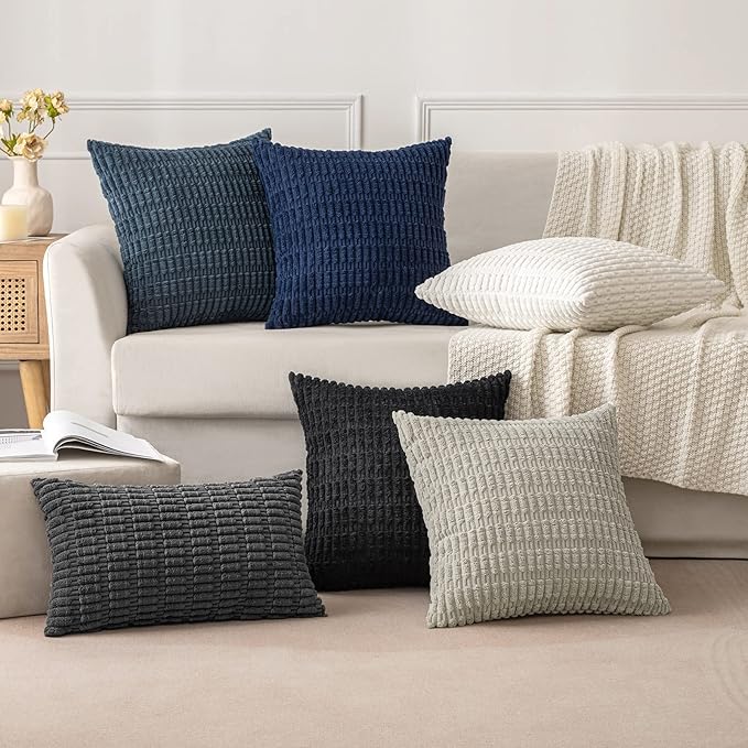 MIULEE Pack of 2 Corduroy Decorative Throw Pillow Covers 24x24 Inch Soft Boho Striped Pillow Covers Modern Farmhouse Home Decor for Sofa Living Room Couch Bed Dark Grey
