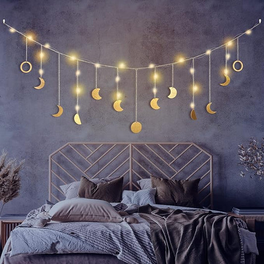 Moon Phase Wall Decor with LED String Light, 13 Gold Wood Boho Wall Hanging Decor Mood Garland 56'' - Celestial Phases Moon Decor in Bohemian Style for Bedroom Home Living Room