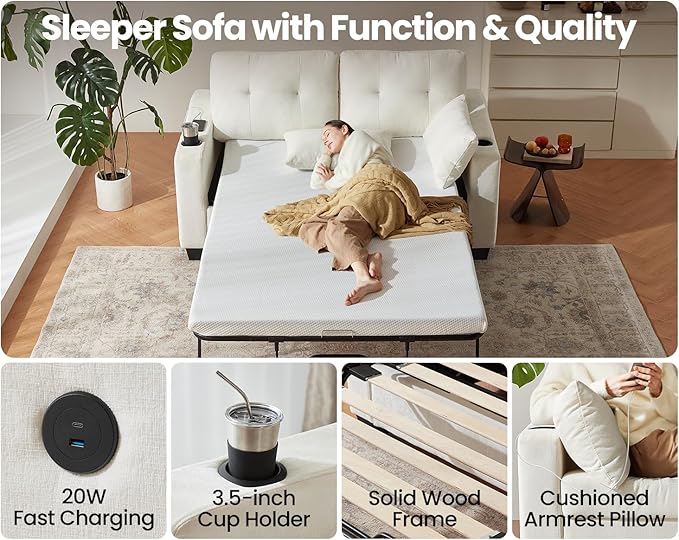 Pull Out Sofa Bed, Full Size Sleeper Sofa, 2-in-1 Convertible Corduroy Couch with USB Charging, Memory Form Couch for Living Room, Apartment and Small Space (Beige, Chenille - Full Size)