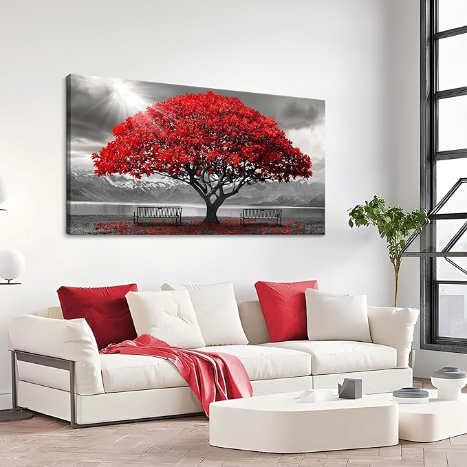 AJAZIKO Red Wall Art - Modern Framed Wall Art for Living Room - Red Tree Black and White Landscape Canvas Prints Posters & Prints for Home Office Bedroom Decorations - Large Wall Pictures 24×48IN