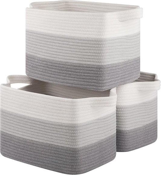 Storage Basket for Organizing, Woven Baskets for Storage, Rectangle Decorative Baskets for Shleves, Closet, Toys, Books, Nursery Organizer Bins - Pack of 3 (Gradient Gray)