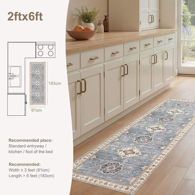 Washable 2x6 Runner Rug - Area Rugs Neutral Vintage Distressed Floral Farmhouse Boho Large Soft Floor Rug Indoor Carpet for Hallway Entryway Bedroom Kitchen - Blue